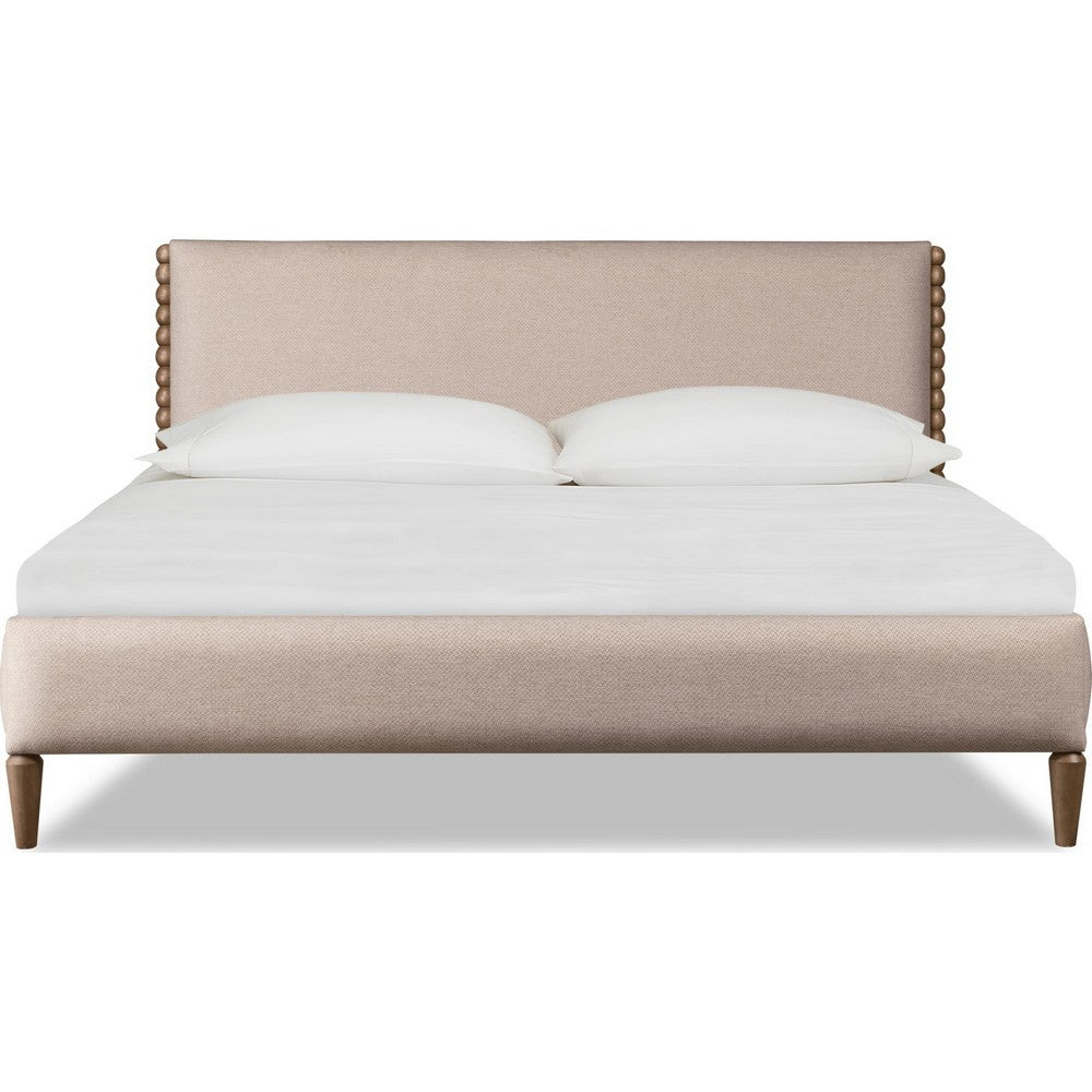 Hoa Queen Bed | Beige Chenille Upholstery | Spindle Trim Headboard | Brown