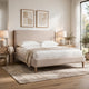Hoa Queen Bed | Beige Chenille Upholstery | Spindle Trim Headboard | Brown