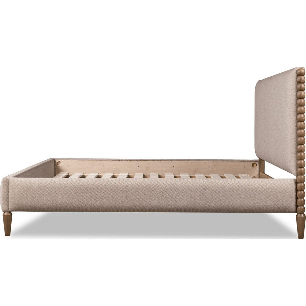 Hoa King Bed | Foam Fill Beige Chenille Upholstery | Spindle Headboard | Brown
