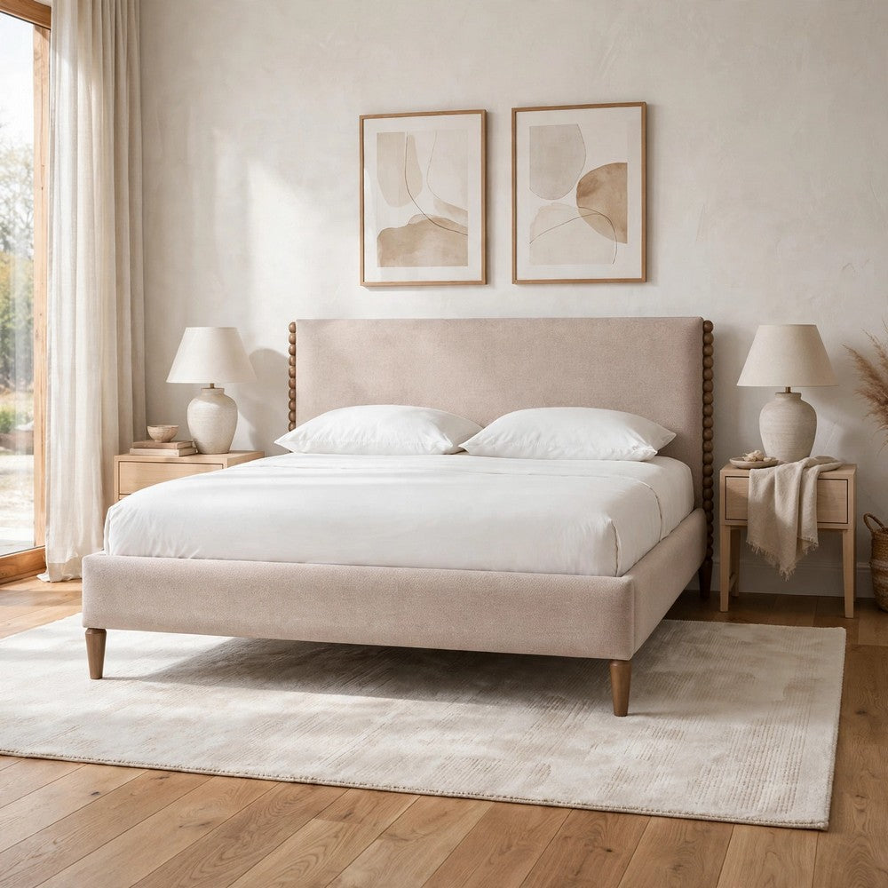 Hoa King Bed | Foam Fill Beige Chenille Upholstery | Spindle Headboard | Brown