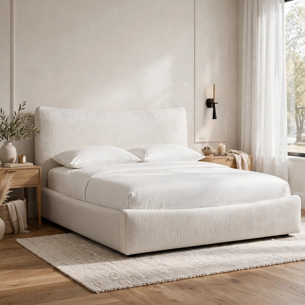 Yuri Queen Platform Bed | Foam Fill Headboard | Ivory Chenille Upholstery
