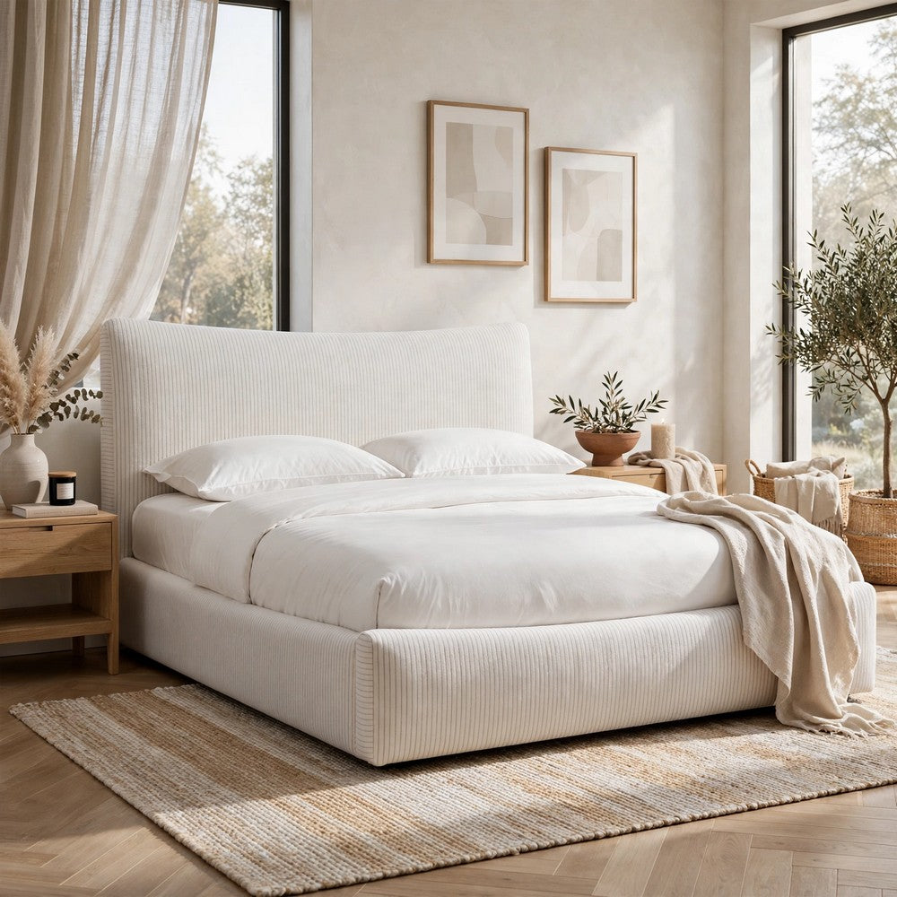 Yuri King Platform Bed | Foam Fill Headboard | Ivory Chenille Upholstery