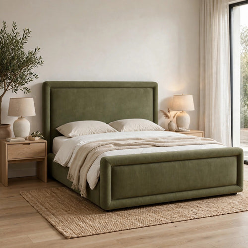 Mita Queen Platform Bed | Double Cord Welt Headboard | Moss Green Corduroy