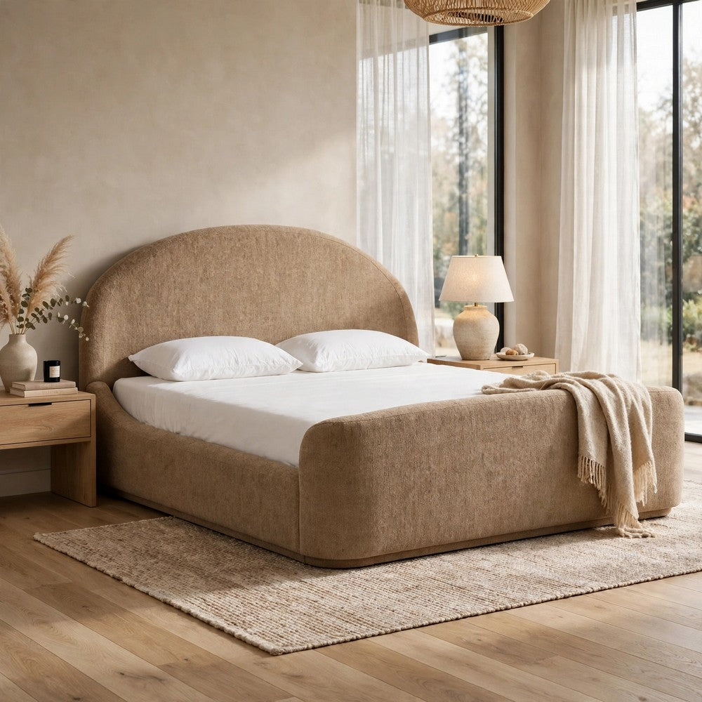 Coly Queen Platform Bed | Arched Headboard | Tan Brown Chenille Upholstery