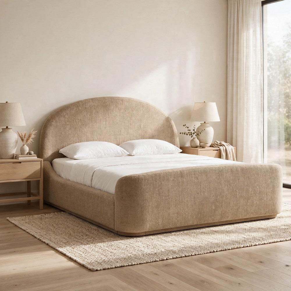 Coly King Platform Bed | Arched Headboard | Tan Brown Chenille Upholstery