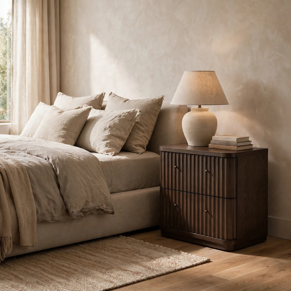 Yati Nightst& | 2 Fluted Drawers | Plinth Base | Chocolate Mousse Brown