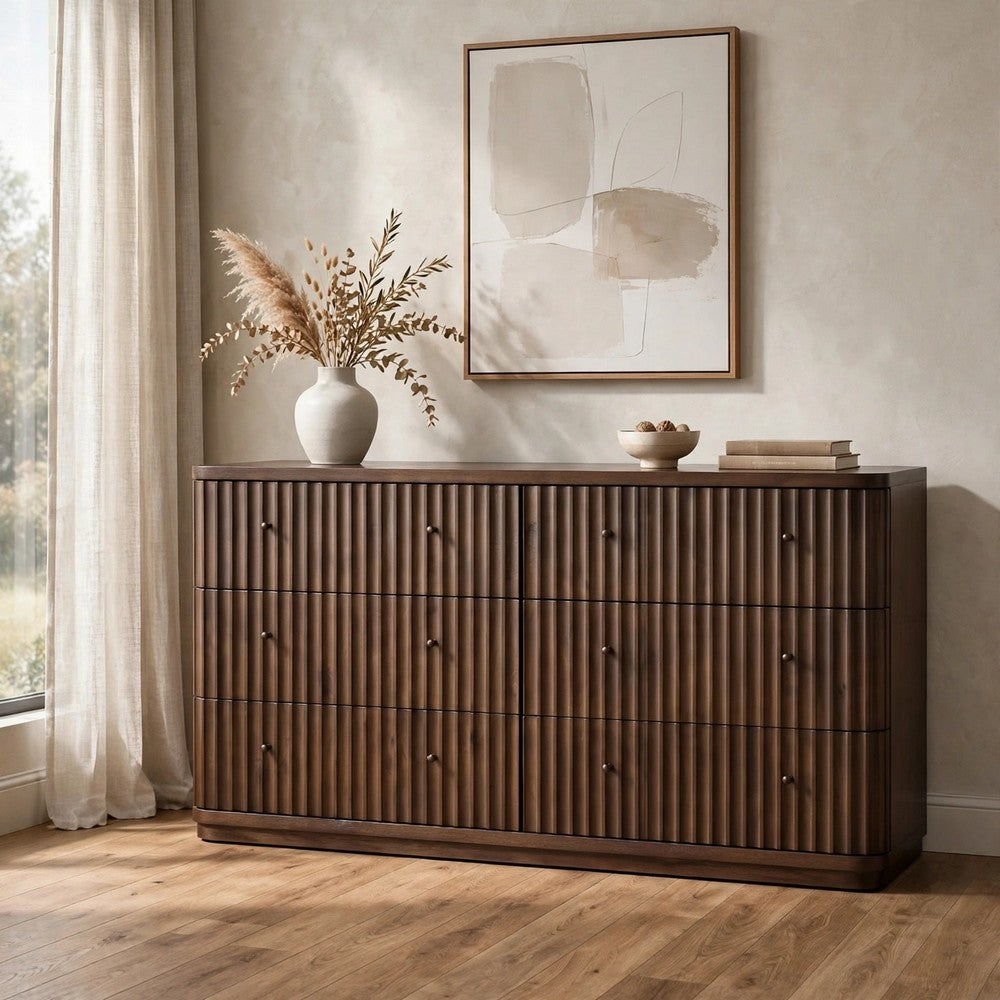Yati Wide Dresser | 6 Fluted Drawers | Plinth Base | Chocolate Mousse Brown