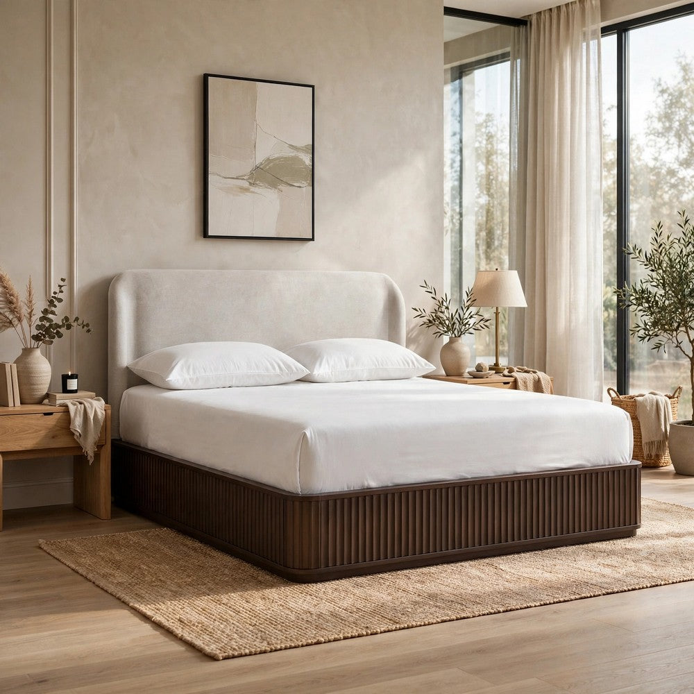 Yati Queen Platform Bed | Linen Upholstery | Fluted Chocolate Mousse Brown