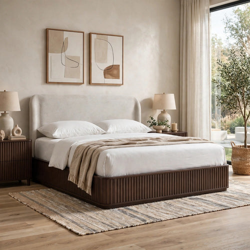 Yati King Platform Bed | Linen Upholstery | Fluted Chocolate Mousse Brown