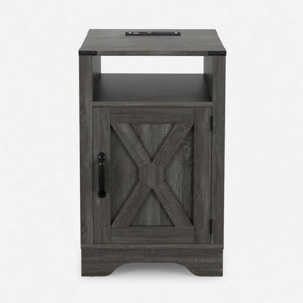 Layla Nightstand | Charging Station | Shelf | and Cabinet | Dark Gray Wood