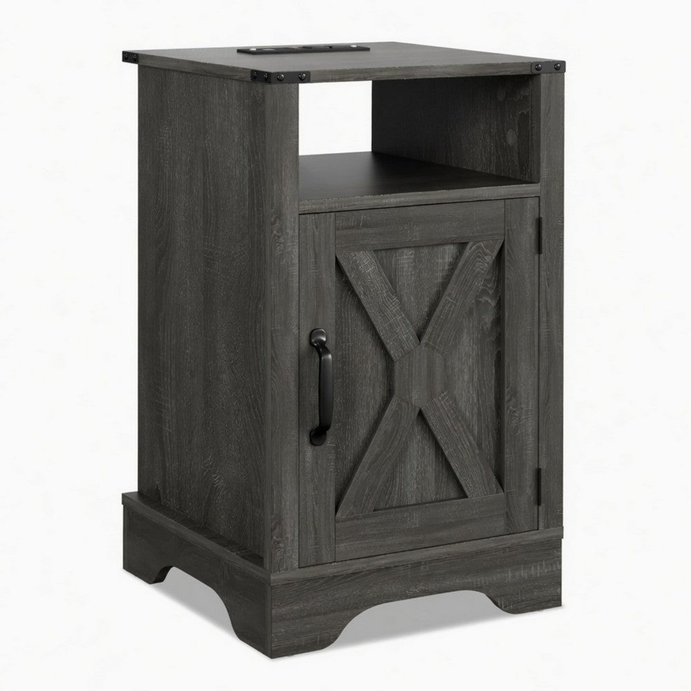 Layla Nightstand | Charging Station | Shelf | and Cabinet | Dark Gray Wood