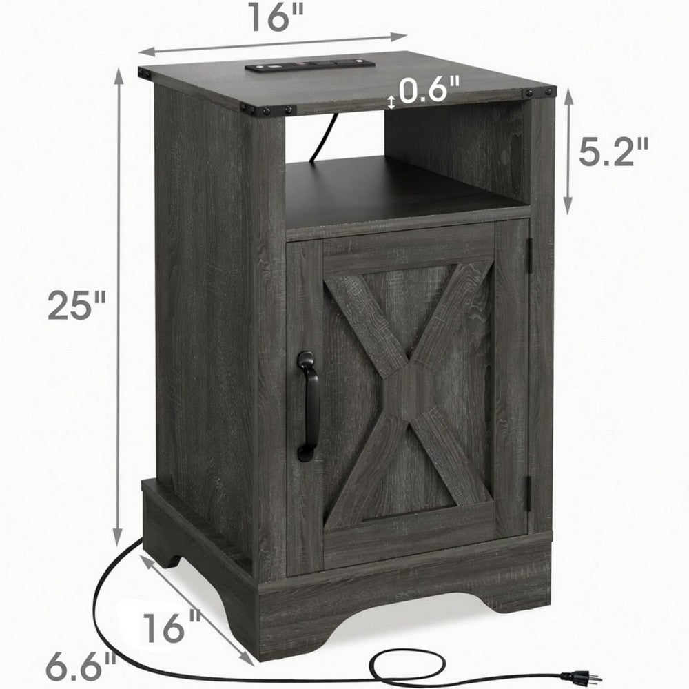 Layla Nightstand | Charging Station | Shelf | and Cabinet | Dark Gray Wood