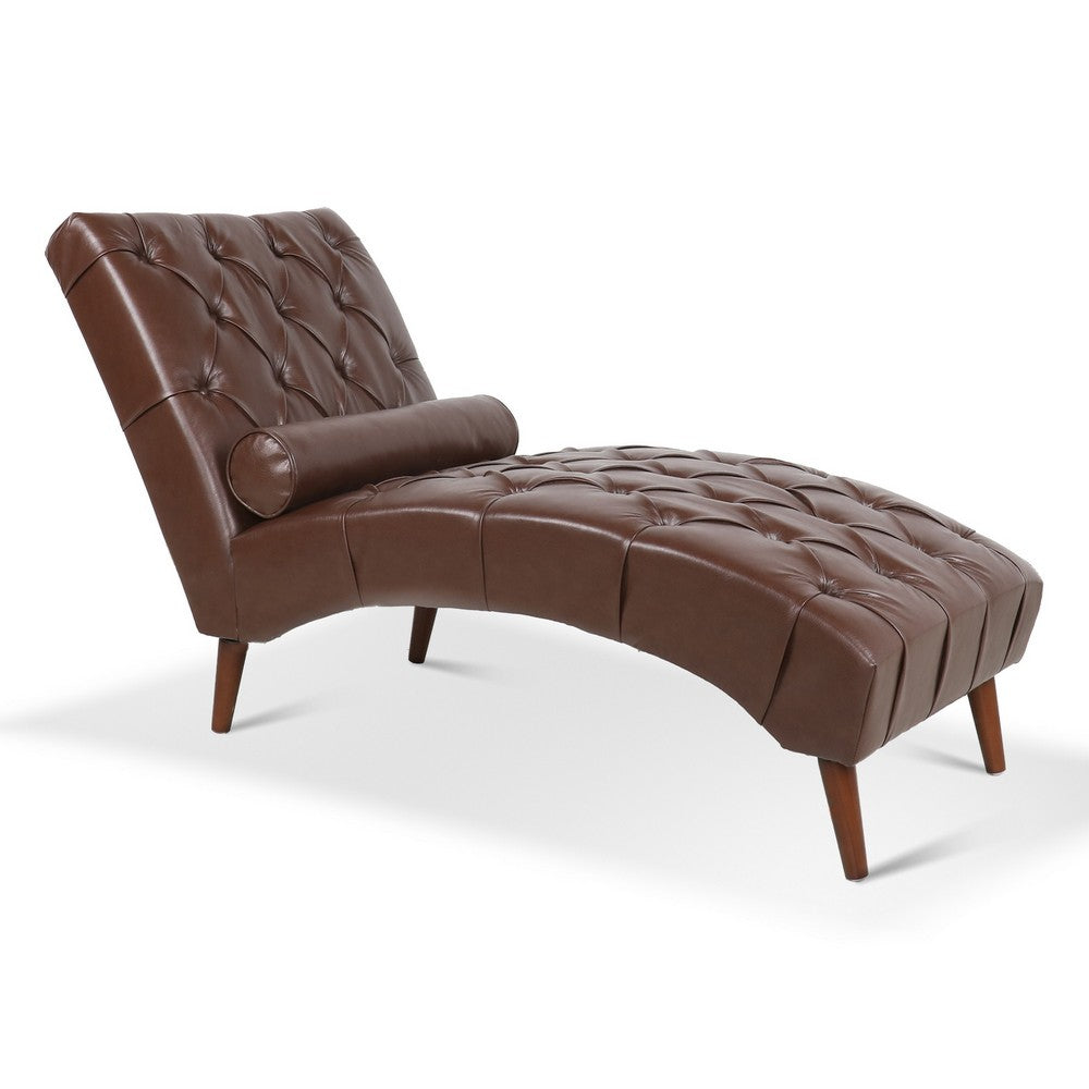 Emery Chaise Lounge with Rolling Pillow | Dark Brown Tufted Faux Leather