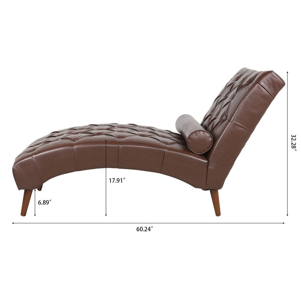 Emery Chaise Lounge with Rolling Pillow | Dark Brown Tufted Faux Leather