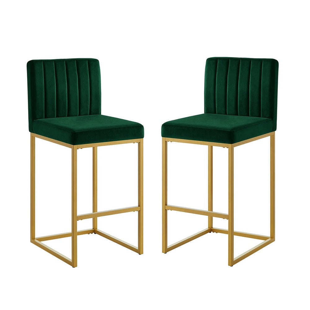 Enola Counter-Height Bar Stool Chair | Set of 2 | Gold Metal | Jade Velvet