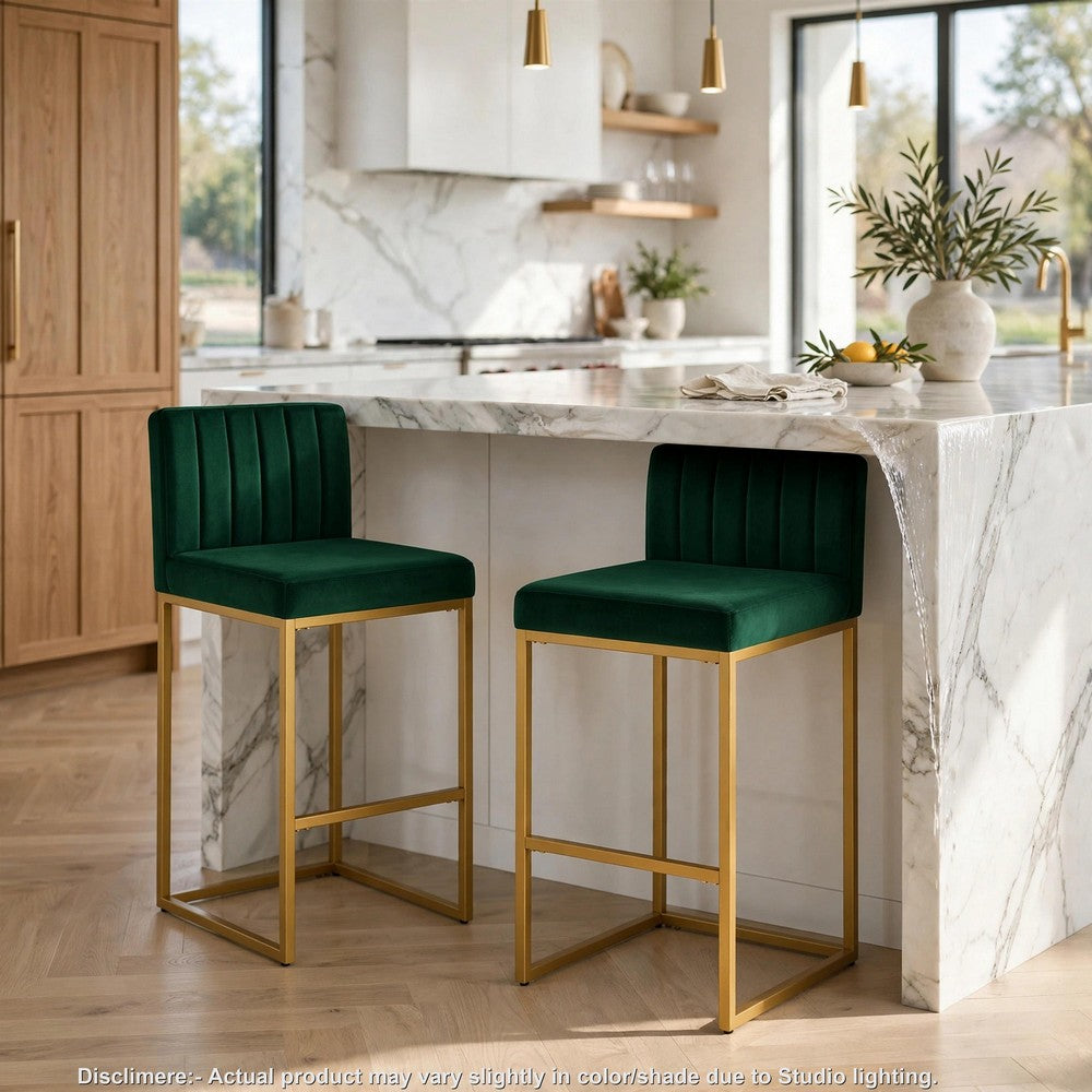 Enola Counter-Height Bar Stool Chair | Set of 2 | Gold Metal | Jade Velvet