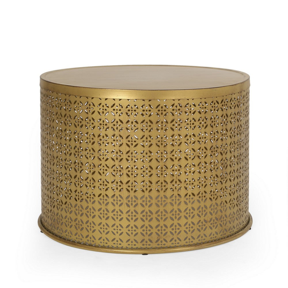 Sammy Round Coffee Table with Cutout Perforated Pattern | Brown Iron 26"