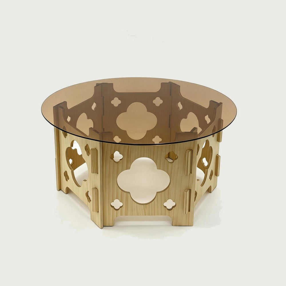 Bekko Round Coffee Table with Glass Top | Carved Natural Wood Base 32"