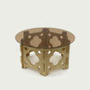 Bekko Round Coffee Table with Glass Top | Carved Natural Wood Base 32"