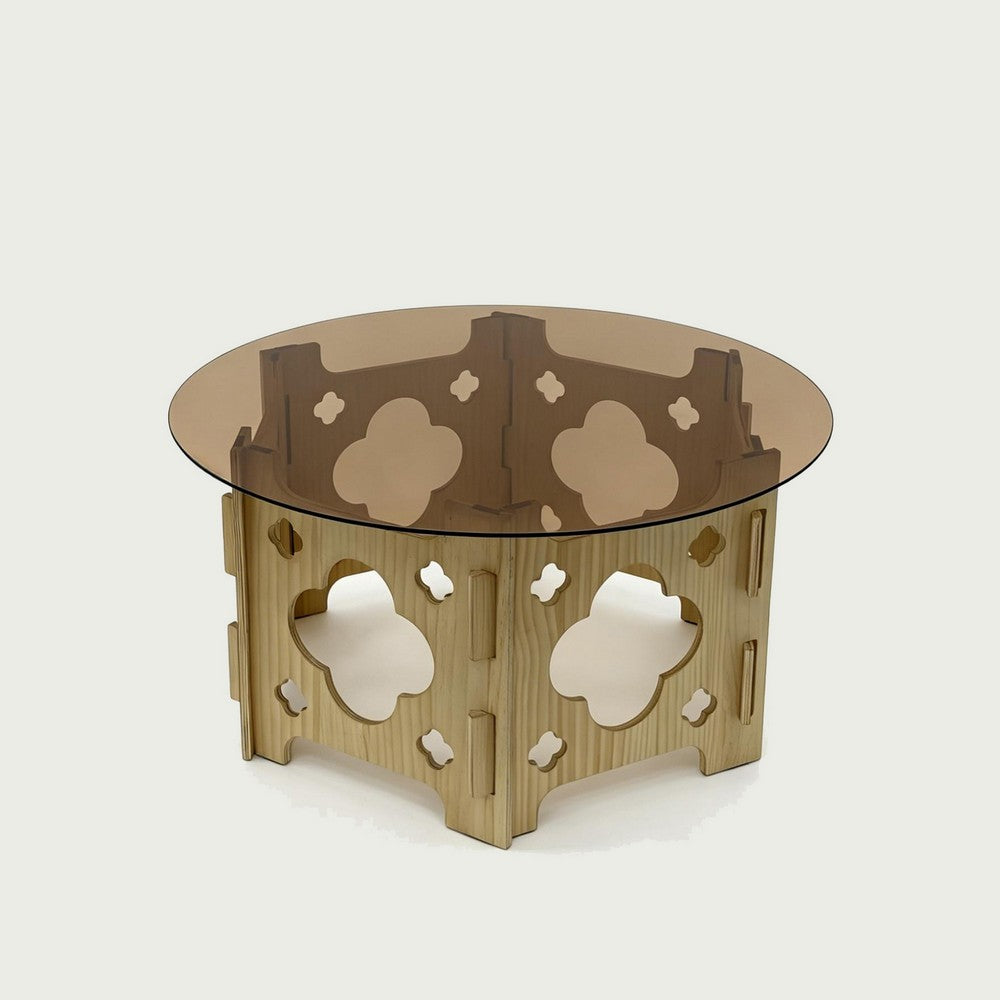 Bekko Round Coffee Table with Glass Top | Carved Natural Wood Base 32"