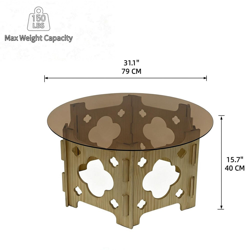 Bekko Round Coffee Table with Glass Top | Carved Natural Wood Base 32"