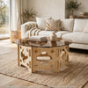 Bekko Round Coffee Table with Glass Top | Carved Natural Wood Base 32"