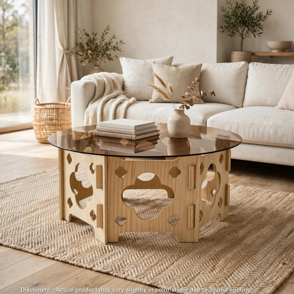 Bekko Round Coffee Table with Glass Top | Carved Natural Wood Base 32"