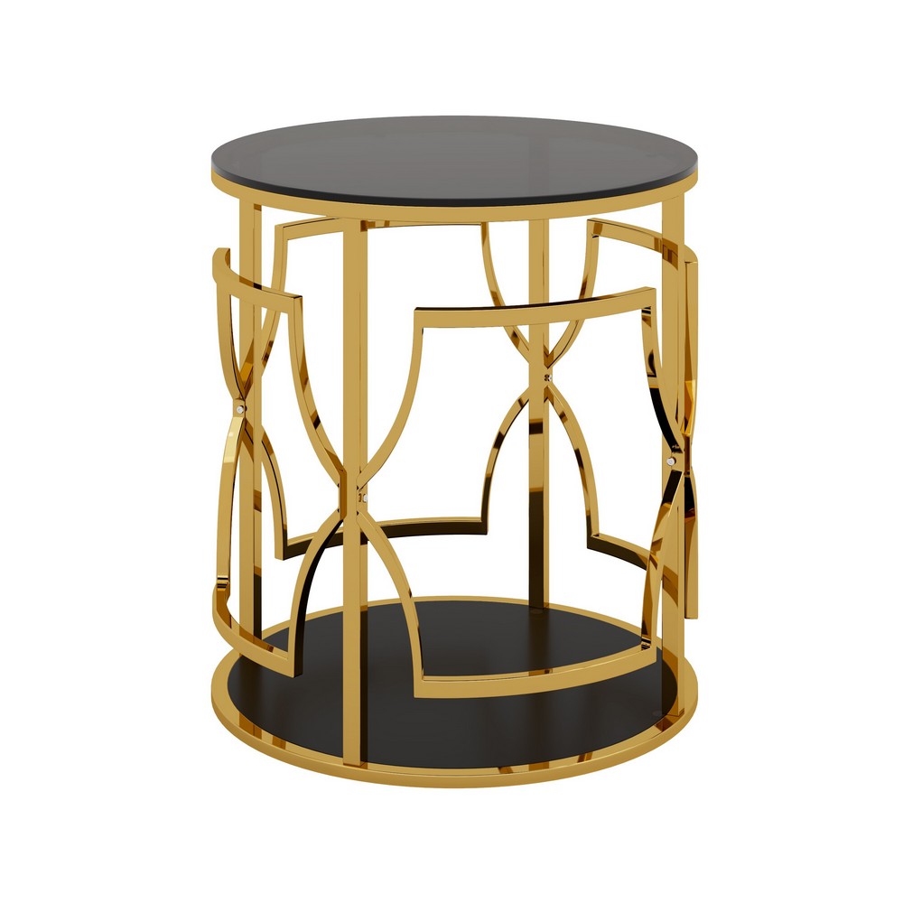 Bezzo Gold Round Side Table | Black Glass Top and Shelf | Metal Base 22"
