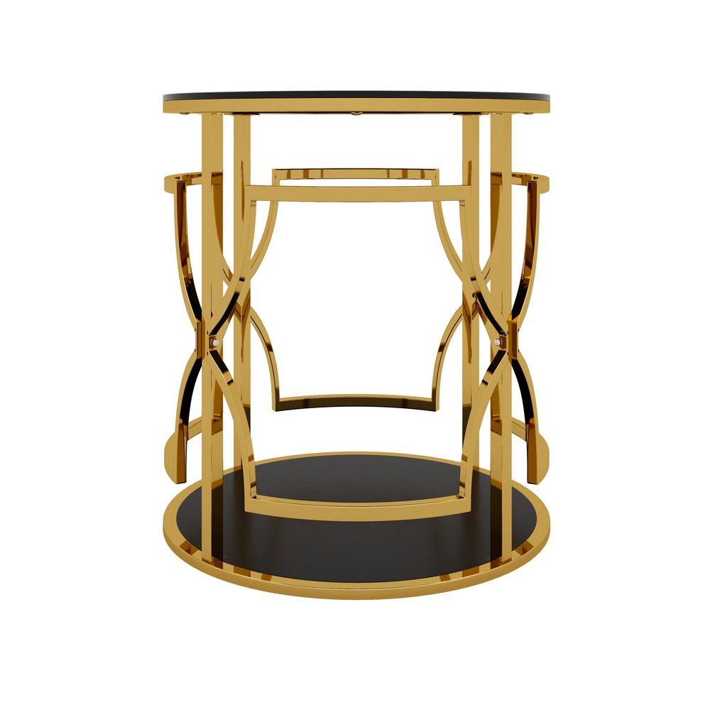 Bezzo Gold Round Side Table | Black Glass Top and Shelf | Metal Base 22"