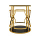 Bezzo Gold Round Side Table | Black Glass Top and Shelf | Metal Base 22"