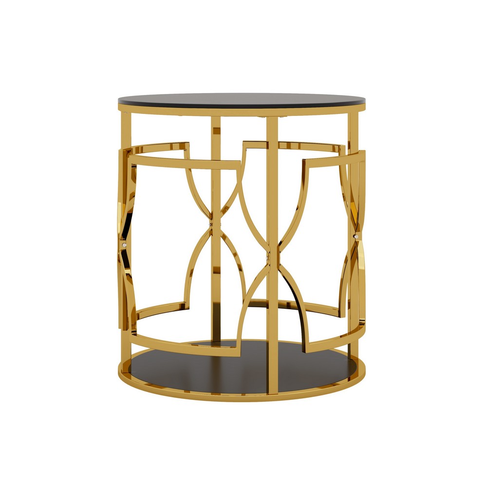 Bezzo Gold Round Side Table | Black Glass Top and Shelf | Metal Base 22"