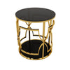 Bezzo Gold Round Side Table | Black Glass Top and Shelf | Metal Base 22"