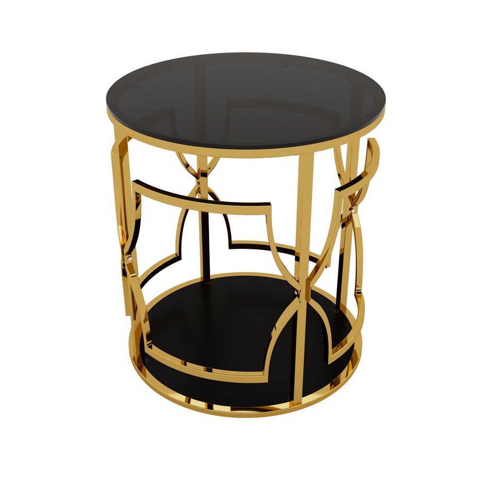 Bezzo Gold Round Side Table | Black Glass Top and Shelf | Metal Base 22"