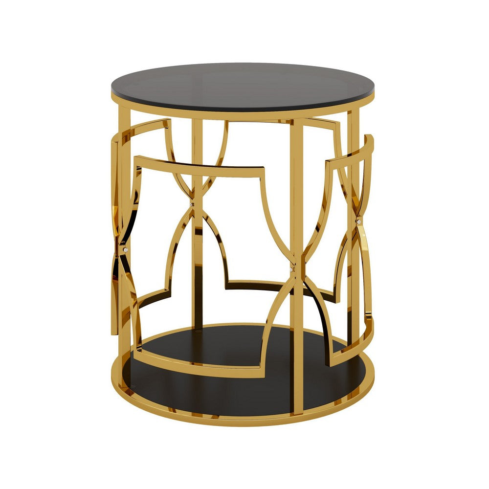 Bezzo Gold Round Side Table | Black Glass Top and Shelf | Metal Base 22"