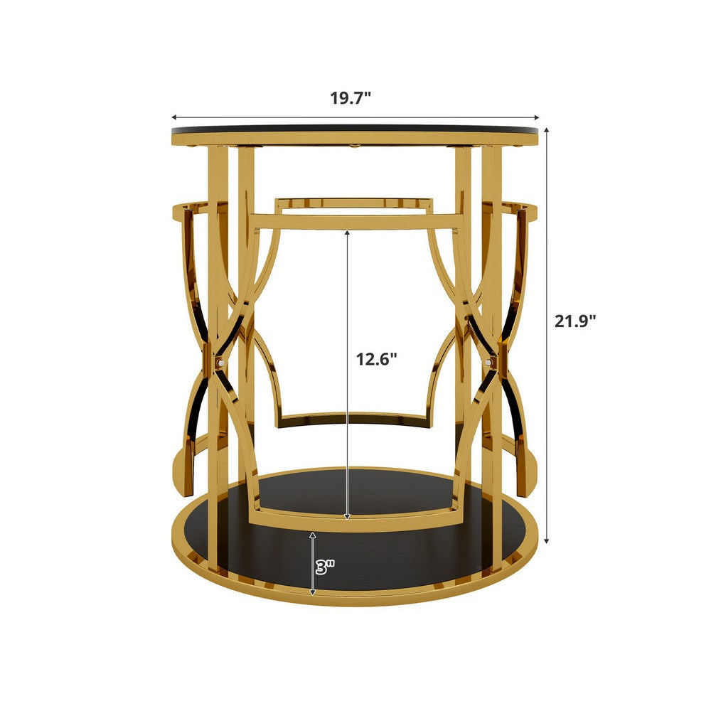 Bezzo Gold Round Side Table | Black Glass Top and Shelf | Metal Base 22"