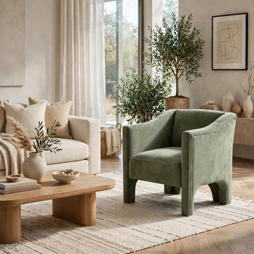 Dewy Barrel Accent Armchair | Green Chenille Upholstery
