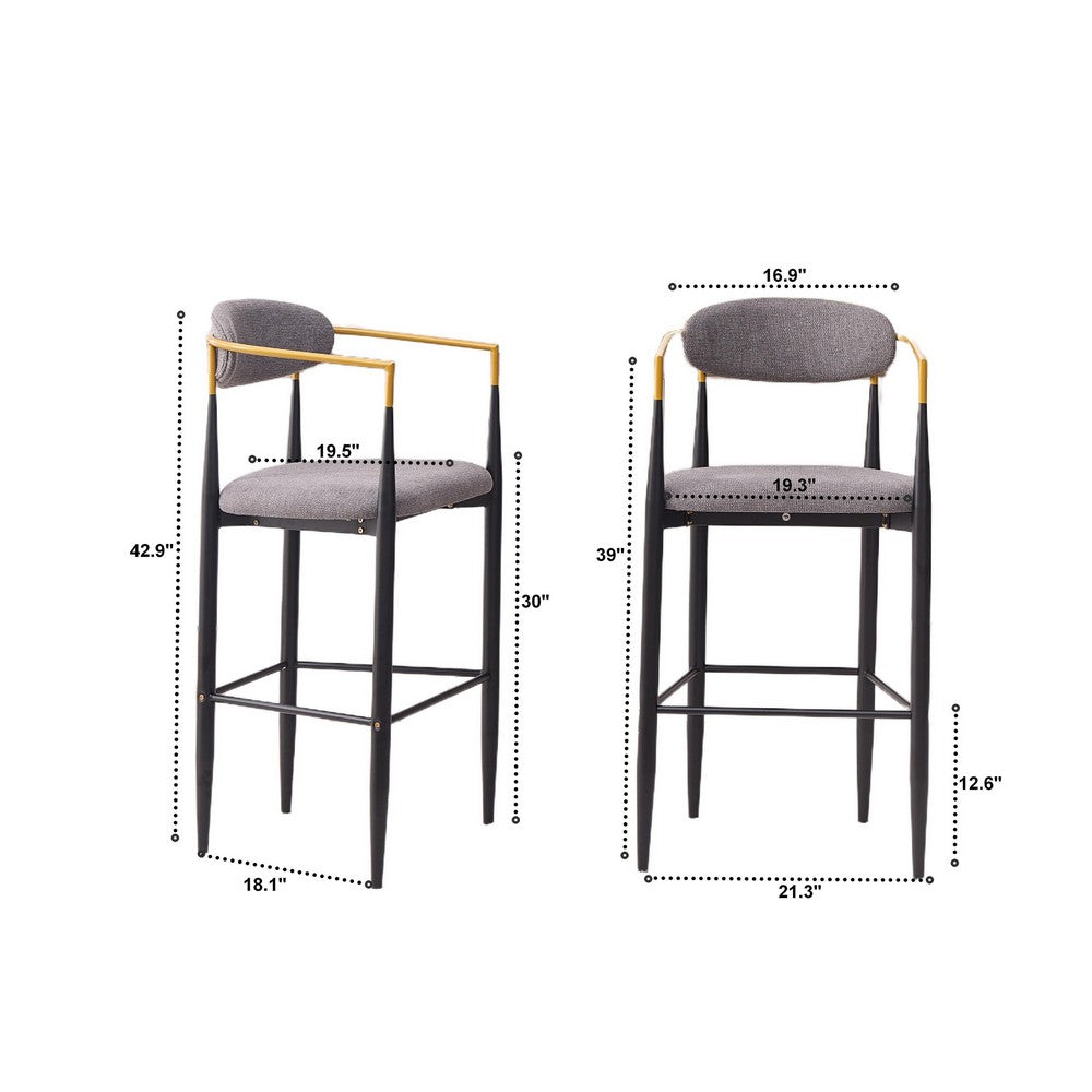 Avime Modern Barstool Chair | Set of 2 | Gold Metal Armrests | Gray Fabric