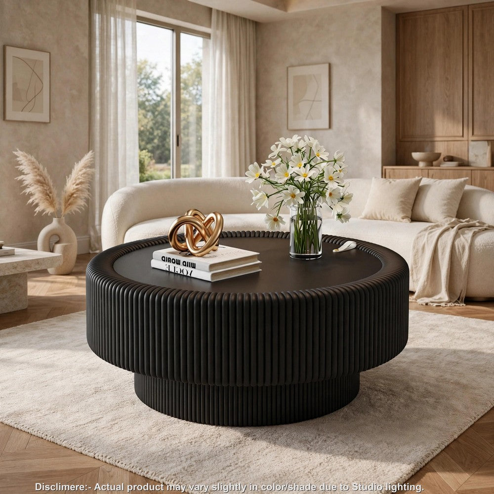 Inara Modern Storage Coffee Table | Tempered Glass | Black Fluted Base 32"