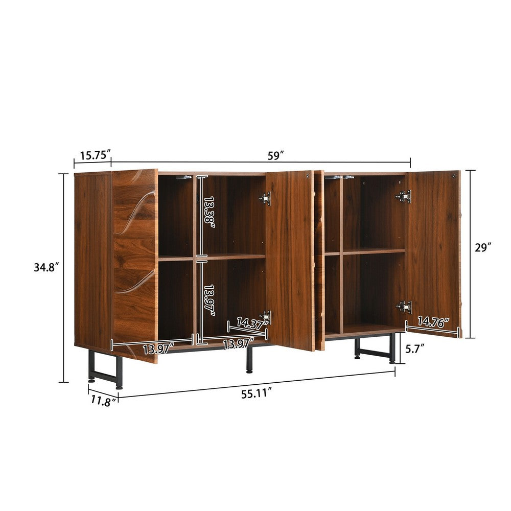 Lewis Wave Design Sideboard Cabinet | Adjustable Shelf | Walnut | 59"