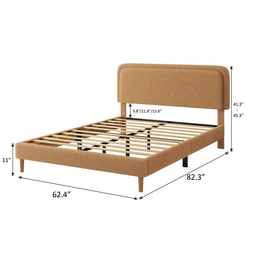 Pedro Queen Platform Bed with Adjustable Plush Headboard | Brown Fabric