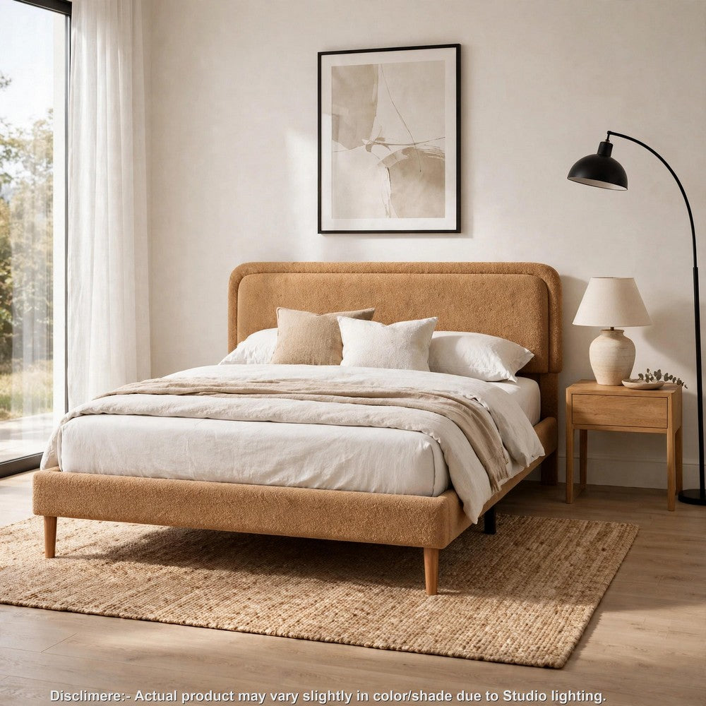 Pedro Queen Platform Bed with Adjustable Plush Headboard | Brown Fabric