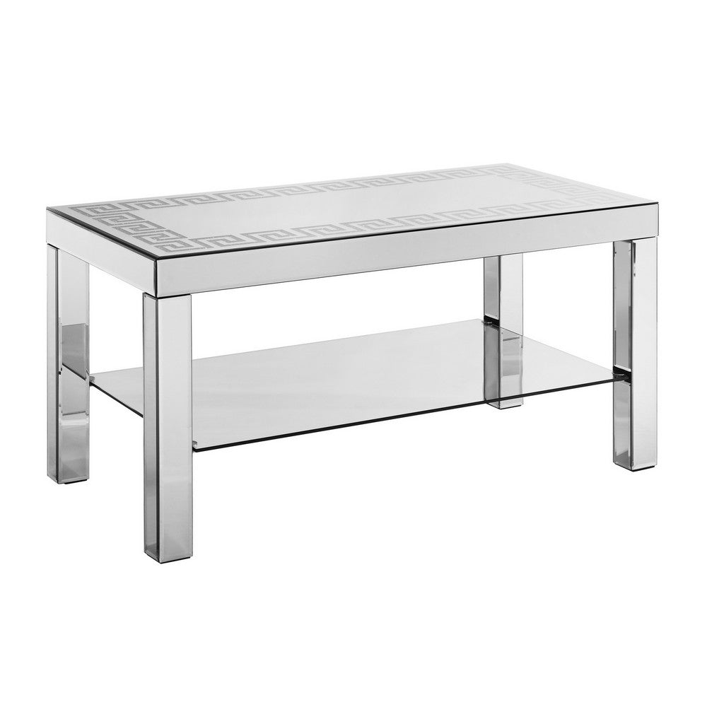 Franco Mirrored Coffee Table | Diamond Border | Glass Shelf | Silver Wood 40"