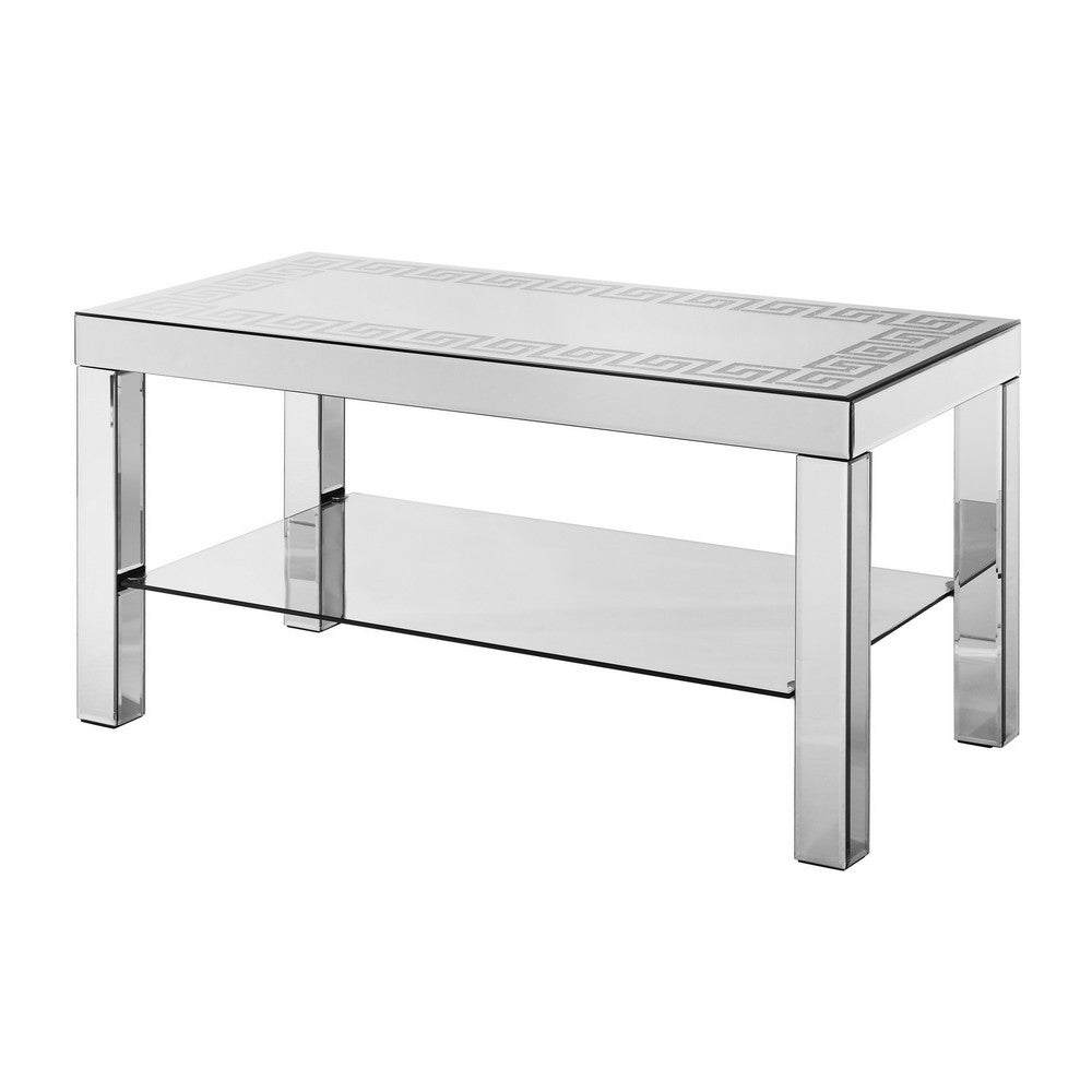 Franco Mirrored Coffee Table | Diamond Border | Glass Shelf | Silver Wood 40"