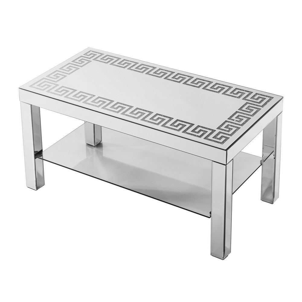 Franco Mirrored Coffee Table | Diamond Border | Glass Shelf | Silver Wood 40"