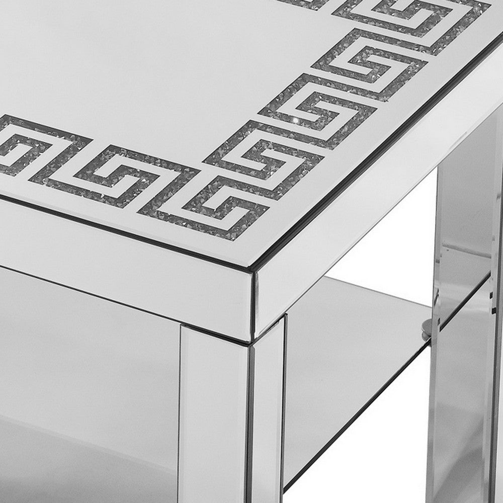 Franco Mirrored Coffee Table | Diamond Border | Glass Shelf | Silver Wood 40"