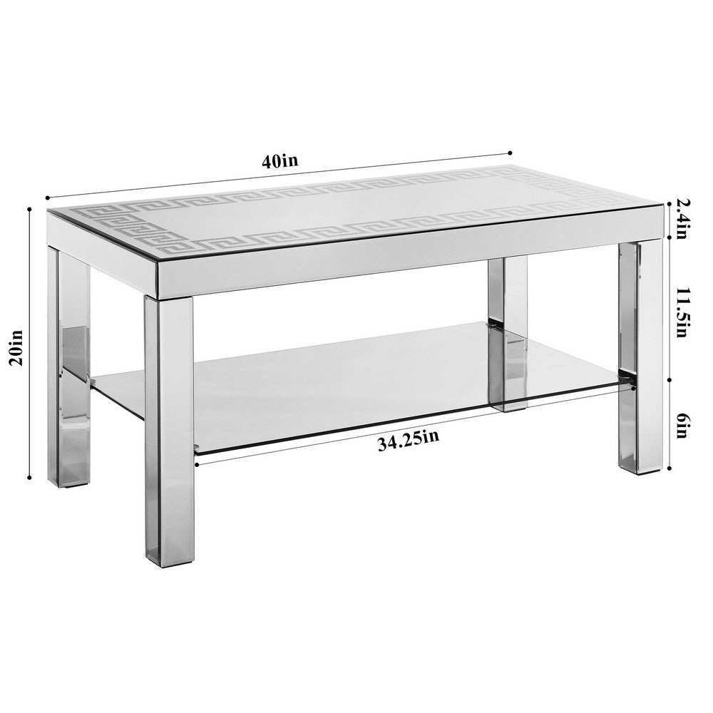 Franco Mirrored Coffee Table | Diamond Border | Glass Shelf | Silver Wood 40"