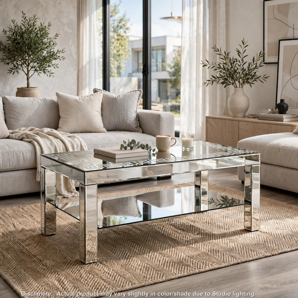 Franco Mirrored Coffee Table | Diamond Border | Glass Shelf | Silver Wood 40"