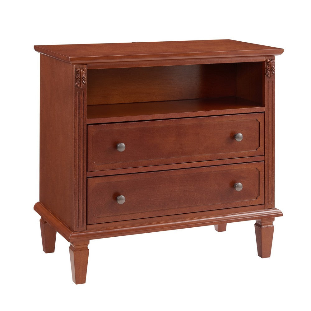 Cyna Nightstand with USB Ports | 2 Drawers and Shelf | Walnut Brown Wood