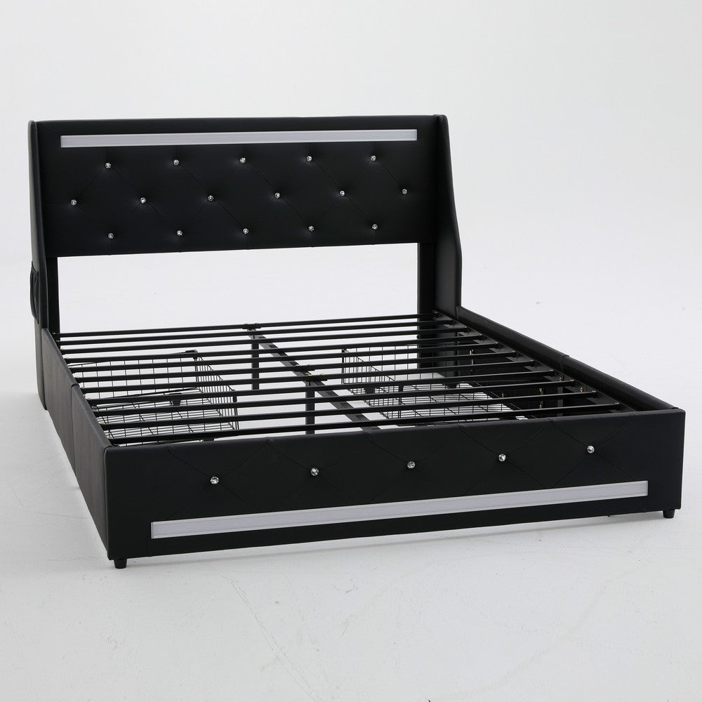 Lesly Storage Full Bed | LED Wingback Headboard | Black Faux Leather