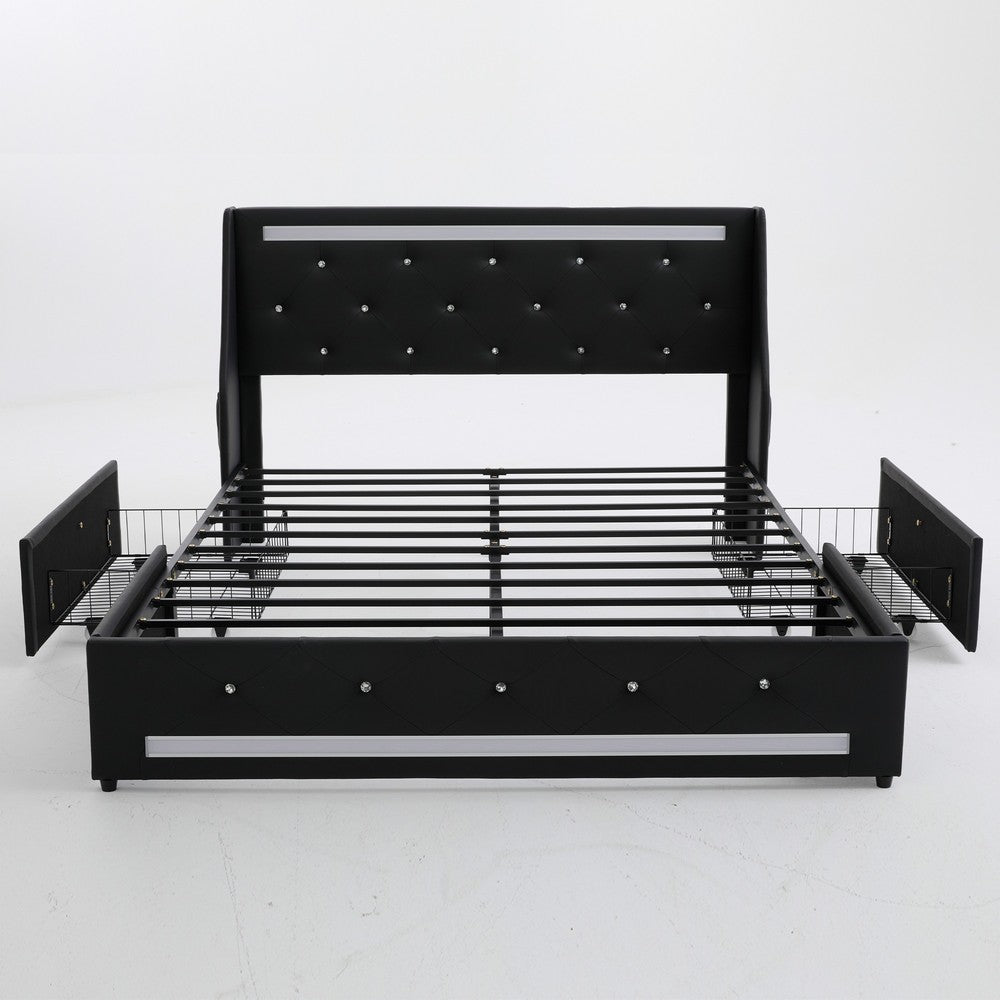 Lesly Storage Full Bed | LED Wingback Headboard | Black Faux Leather